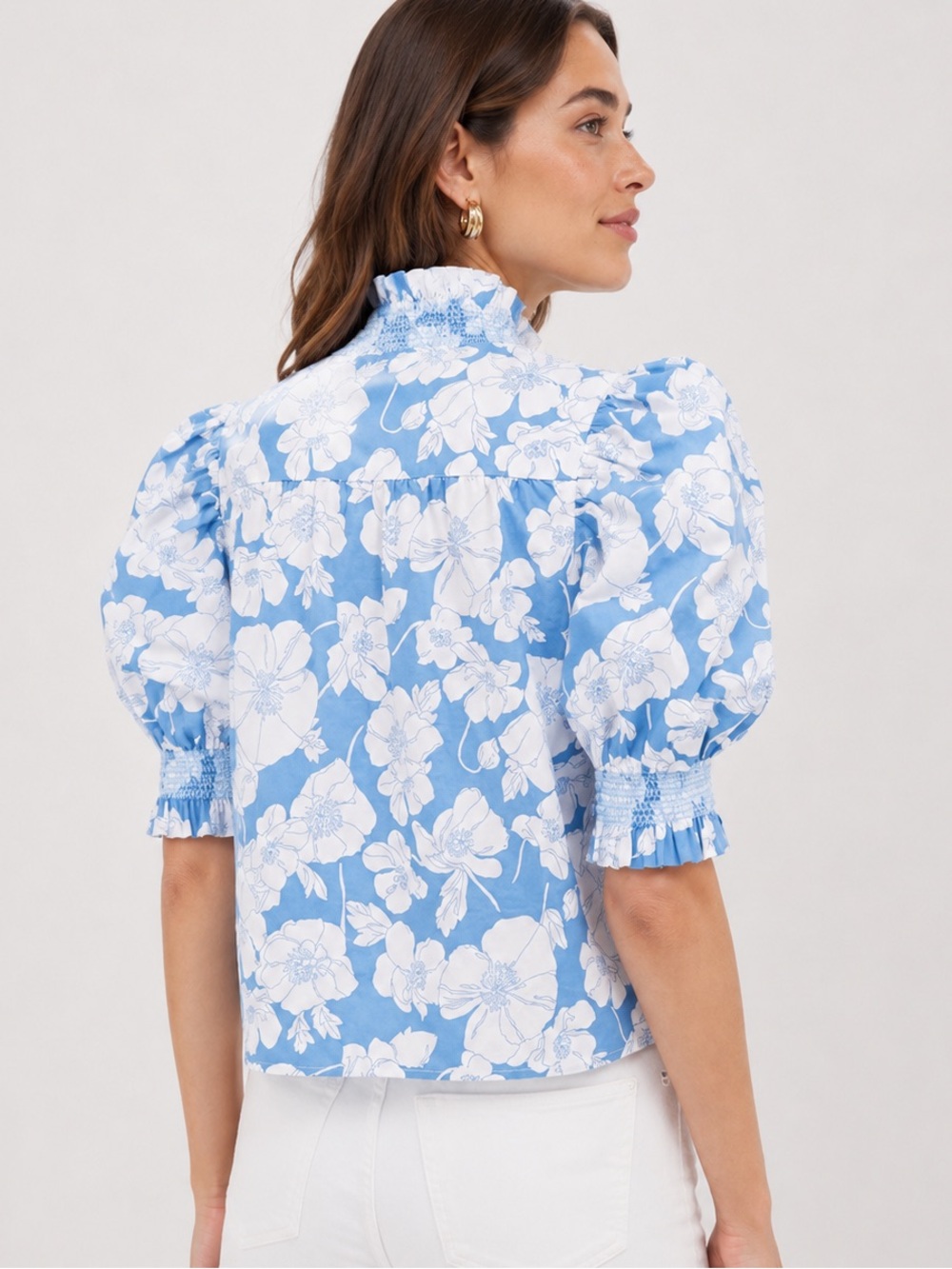 ENGLISH FACTORY Blue Floral Ruffle Neck Aria Blouse - Picture 7 of 9